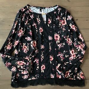 White House Black Market Black and Pink Floral Blouse